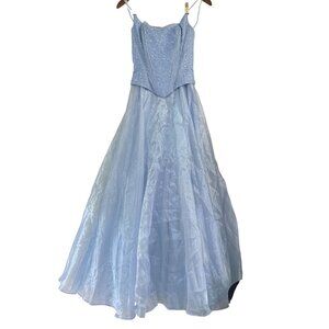 Vintage Lenovia Blue Corset Lace Up Tulle Ball Gown XS Made in USA Formal